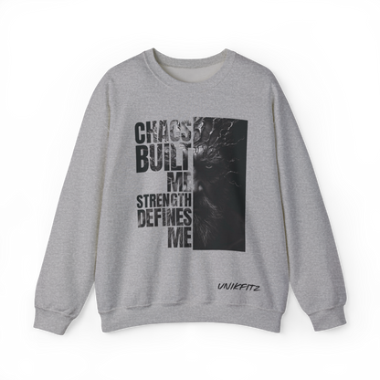 Forged in Chaos Men's Grey Sweatshirt by UNIKFITZ in sport grey, featuring a bold distressed typography print with a cracked face graphic. A statement piece in Australian streetwear, this oversized sweatshirt is perfect for gym sessions, urban fashion, and essential men's wear style.