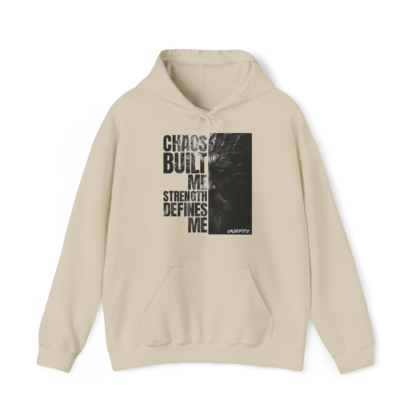 Full front view of the Forged in Chaos women's Hoodie in beige, featuring a bold, motivational print with powerful black and white artwork. A must-have in women’s wear collections, this hoodie blends street wear and essential t-shirt style for urban warriors