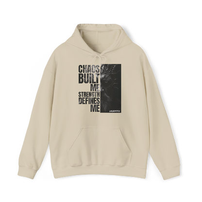 Full front view of the Forged in Chaos women's Hoodie in beige, featuring a bold, motivational print with powerful black and white artwork. A must-have in women’s wear collections, this hoodie blends street wear and essential t-shirt style for urban warriors