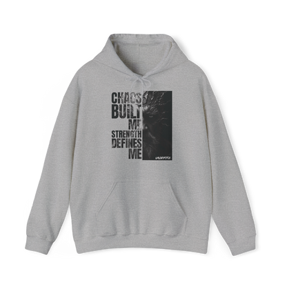 Full front view of the Forged in Chaos Women's Hoodie in light grey, featuring a bold, motivational print with powerful black and white artwork. A must-have in women’s wear collections, this hoodie blends street wear and essential t-shirt style for urban warriors