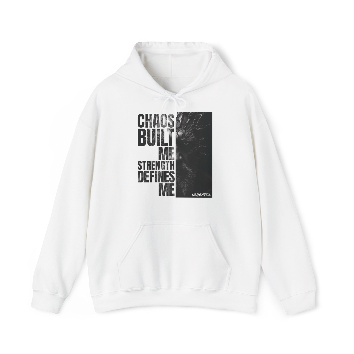 Full front view of the Forged in Chaos Women's Hoodie in white, featuring a bold, motivational print with powerful black and white artwork. A must-have in women’s wear collections, this hoodie blends street wear and essential t-shirt style for urban warriors.
