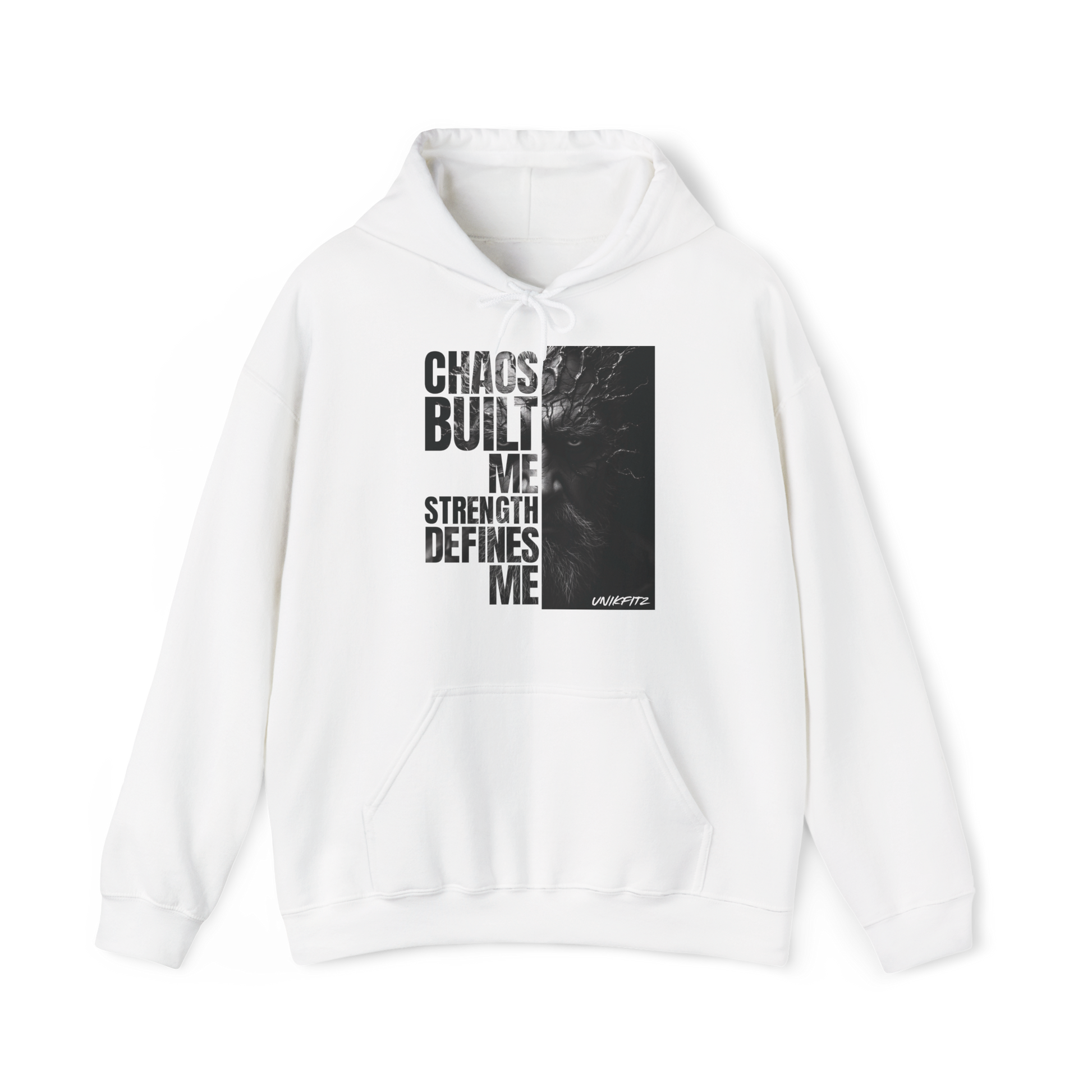 Full front view of the Forged in Chaos Women's Hoodie in white, featuring a bold, motivational print with powerful black and white artwork. A must-have in women’s wear collections, this hoodie blends street wear and essential t-shirt style for urban warriors.