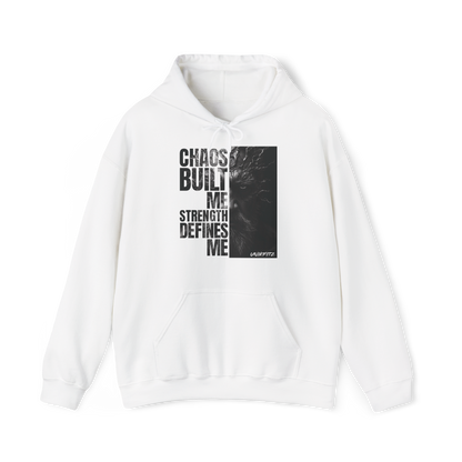 Full front view of the Forged in Chaos Women's Hoodie in white, featuring a bold, motivational print with powerful black and white artwork. A must-have in women’s wear collections, this hoodie blends street wear and essential t-shirt style for urban warriors.
