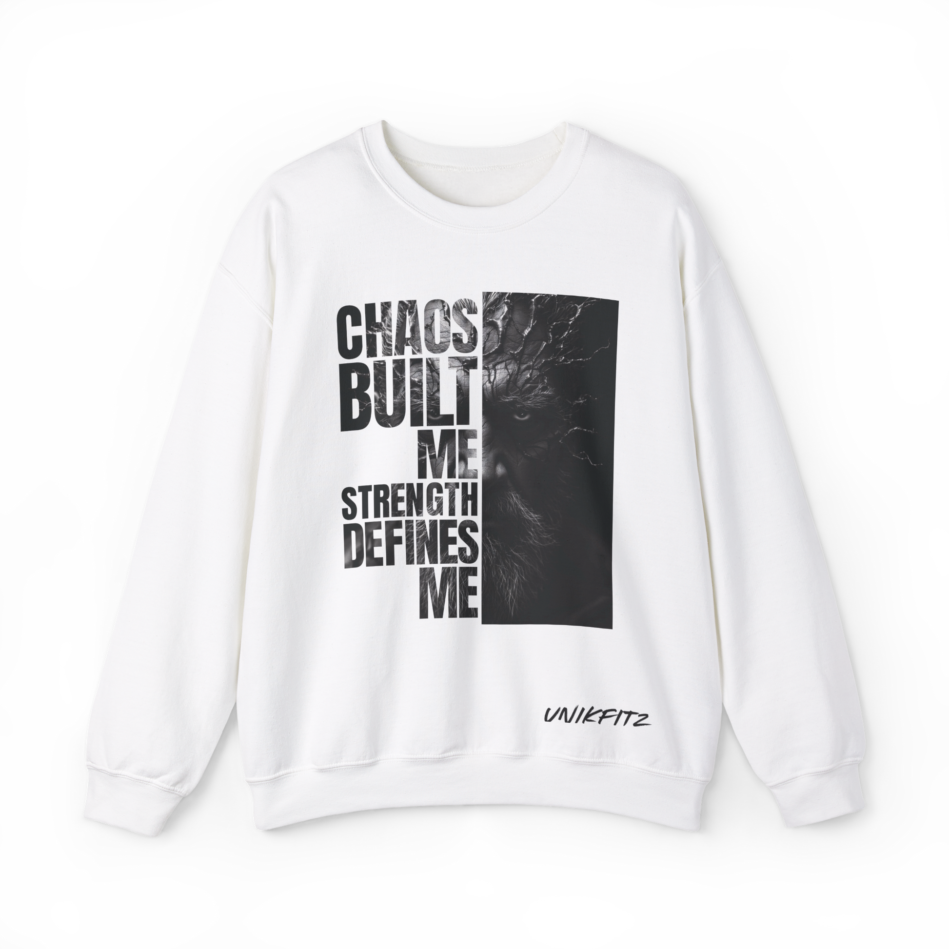 Forged in Chaos Women's white Sweatshirt by UNIKFITZ in white, featuring a bold distressed typography print with a cracked face graphic. A statement piece in Australian streetwear, this oversized sweatshirt is perfect for gym sessions, urban fashion, and essential men's wear style.