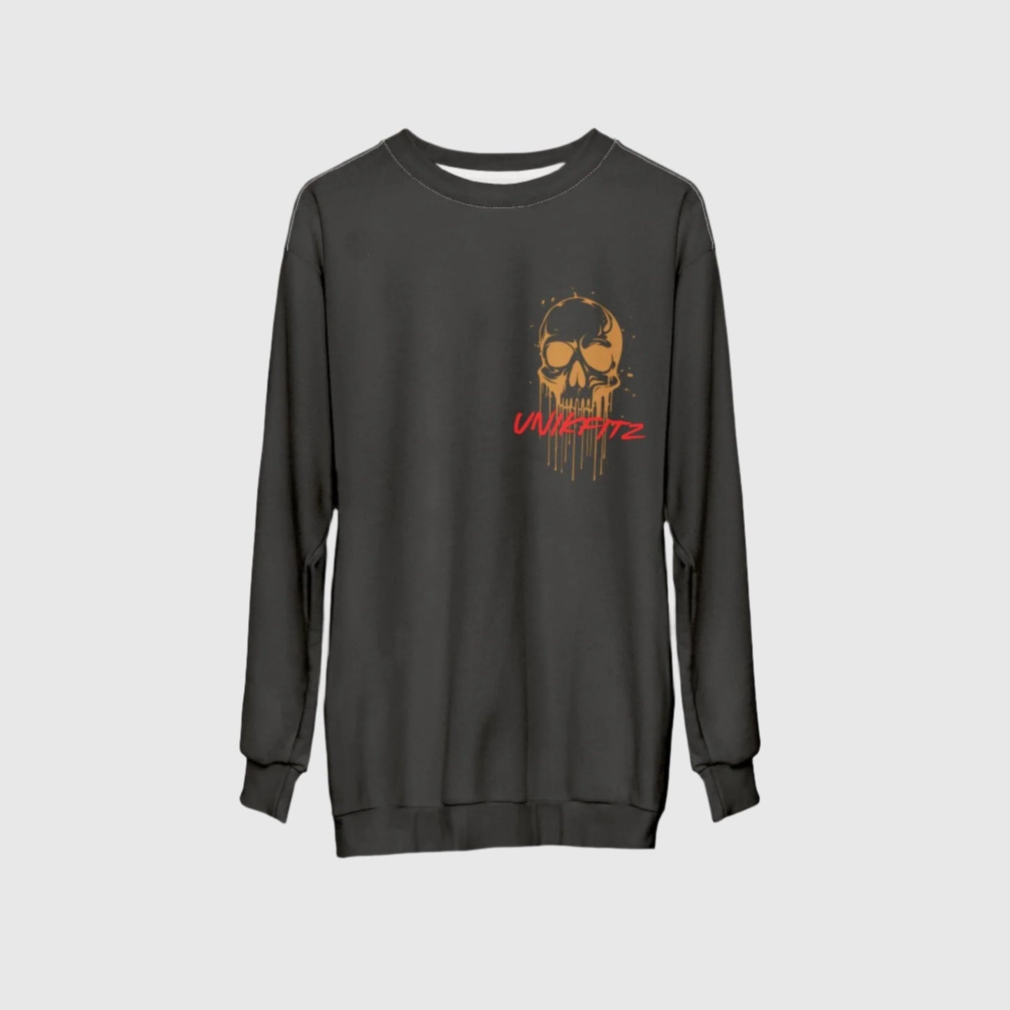 Dark olive green hanging sweatshirt with a bold golden skull graphic on the chest and 'Unikfitz' text in vibrant red, ideal for men's street wear and essential gym clothing. A premium choice for men's clothing enthusiasts looking for a stylish sweatshirt for men