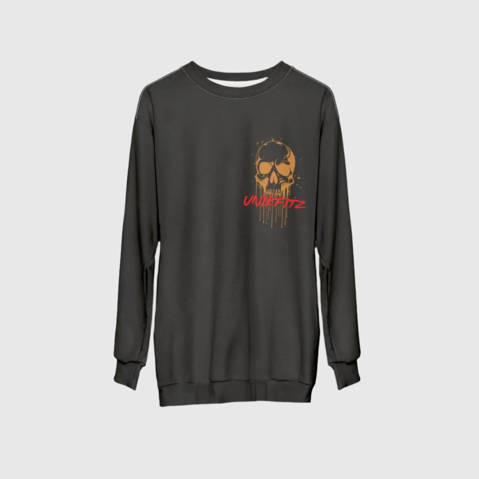 Dark olive green hanging sweatshirt with a bold golden skull graphic on the chest and 'Unikfitz' text in vibrant red, ideal for men's street wear and essential gym clothing. A premium choice for men's clothing enthusiasts looking for a stylish sweatshirt for men