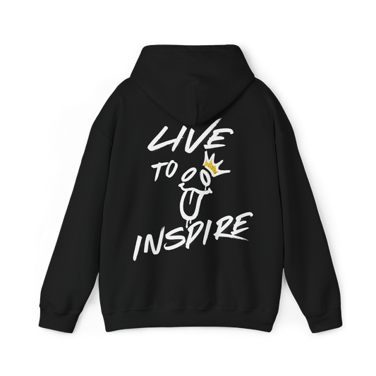 Live to Inspire Men's Hoodie in black by UNIKFITZ featuring a bold graffiti-style back print with motivational typography. A standout in men's streetwear, gym clothing, and men's wear, delivering a disruptive, fashion-forward statement with urban energy and premium design 