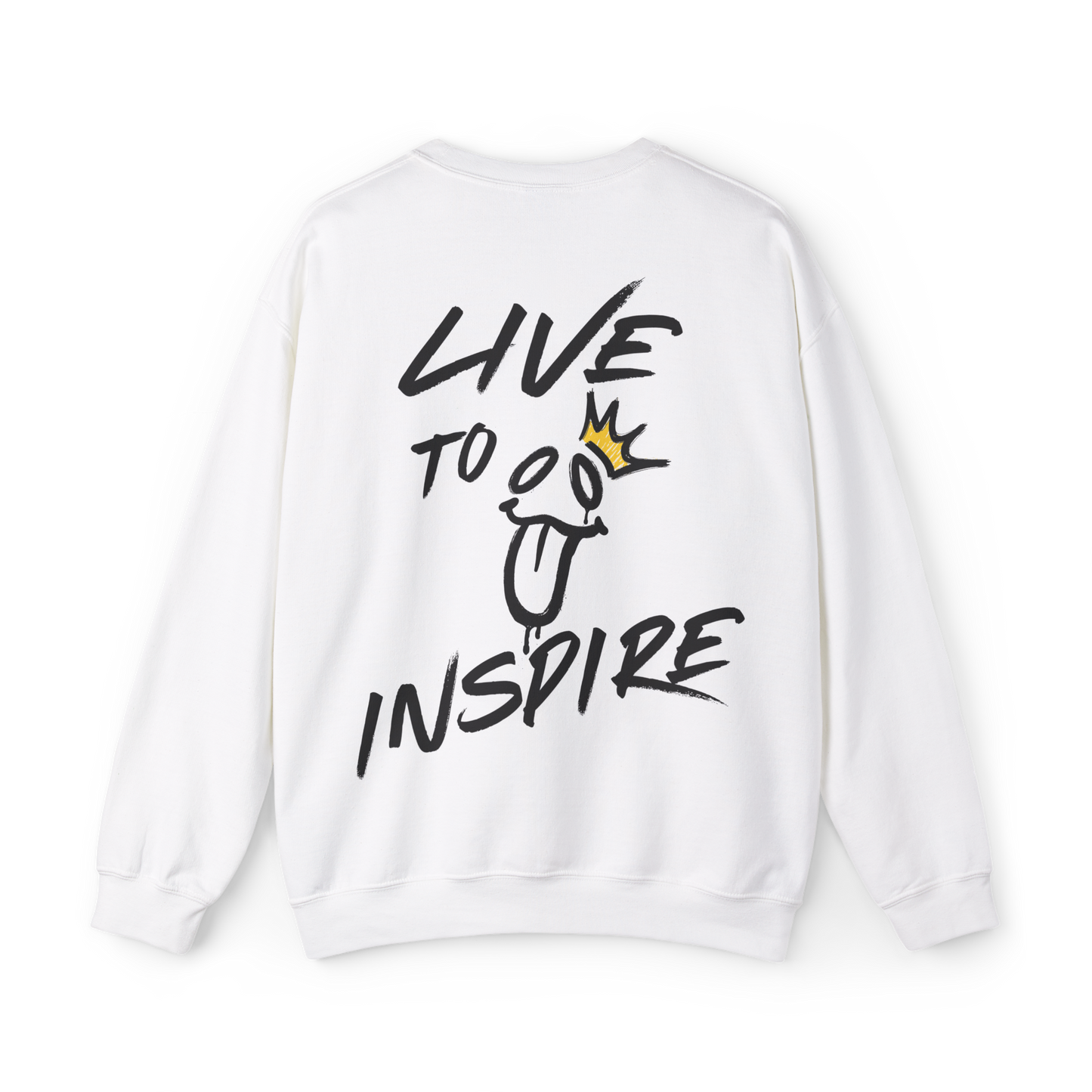 Back view of the Live to Inspire Men's Sweatshirt in white, featuring a bold hand-drawn graffiti-style 'Live to Inspire' graphic with a playful smiley face and golden crown. A statement-making Australian streetwear piece, blending gym wear, men's clothing, and artistic self-expression.
