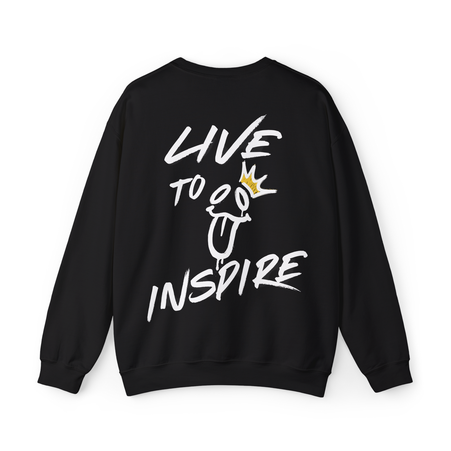 Back view of the Live to Inspire Women's Black Sweatshirt in white, featuring a bold hand-drawn graffiti-style 'Live to Inspire' graphic with a playful smiley face and golden crown. A statement-making Australian streetwear piece, blending gym wear, women's clothing, and artistic self-expression.
