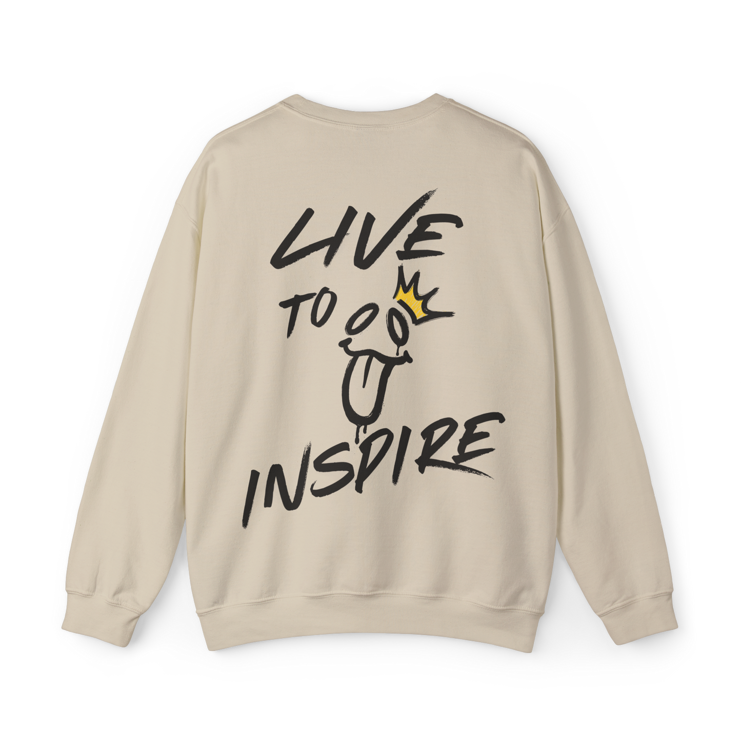 Back view of the Live to Inspire Women's Sweatshirt in beige, featuring a bold hand-drawn graffiti-style 'Live to Inspire' graphic with a playful smiley face and golden crown. A statement-making Australian streetwear piece, blending gym wear, women's clothing, and artistic self-expression..