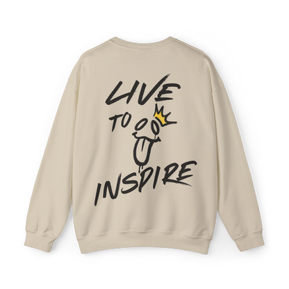 Back view of the Live to Inspire Women's Sweatshirt in beige, featuring a bold hand-drawn graffiti-style 'Live to Inspire' graphic with a playful smiley face and golden crown. A statement-making Australian streetwear piece, blending gym wear, women's clothing, and artistic self-expression..