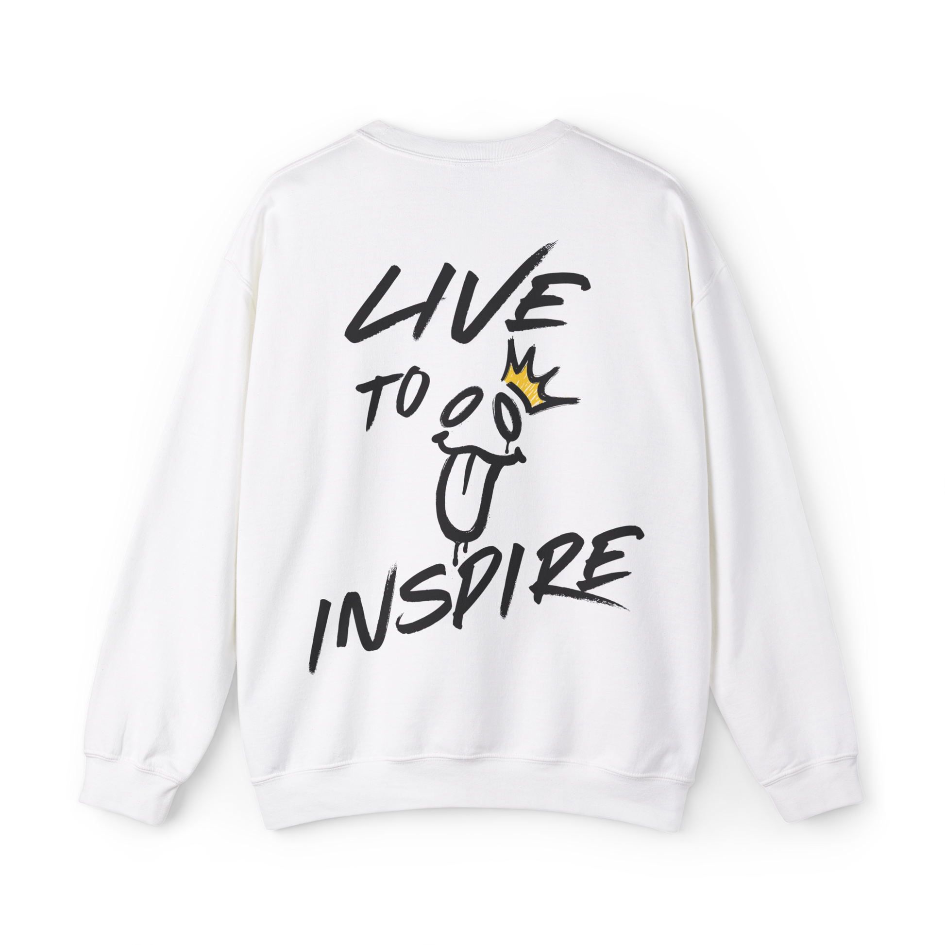 Back view of the Live to Inspire Women's Sweatshirt in white, featuring a bold hand-drawn graffiti-style 'Live to Inspire' graphic with a playful smiley face and golden crown. A statement-making Australian streetwear piece, blending gym wear, women's clothing, and artistic self-expression.