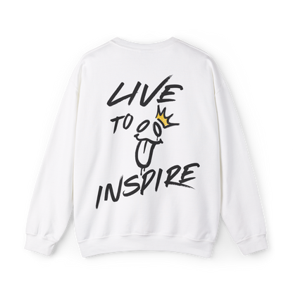 Back view of the Live to Inspire Women's Sweatshirt in white, featuring a bold hand-drawn graffiti-style 'Live to Inspire' graphic with a playful smiley face and golden crown. A statement-making Australian streetwear piece, blending gym wear, women's clothing, and artistic self-expression.