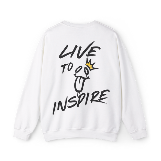 Back view of the Live to Inspire Women's Sweatshirt in white, featuring a bold hand-drawn graffiti-style 'Live to Inspire' graphic with a playful smiley face and golden crown. A statement-making Australian streetwear piece, blending gym wear, women's clothing, and artistic self-expression.