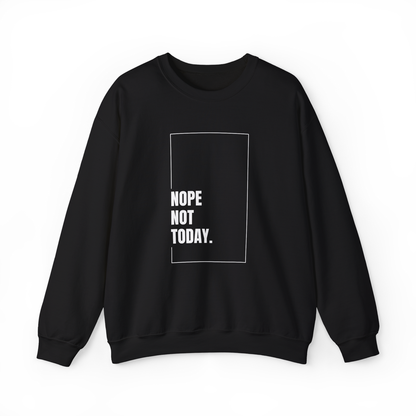 Front-facing Nope Not Today Men's Sweatshirt in black by UNIKFITZ, featuring a bold minimalist print. Designed for modern men's streetwear, this premium gym and casual wear piece is an essential for any urban wardrobe