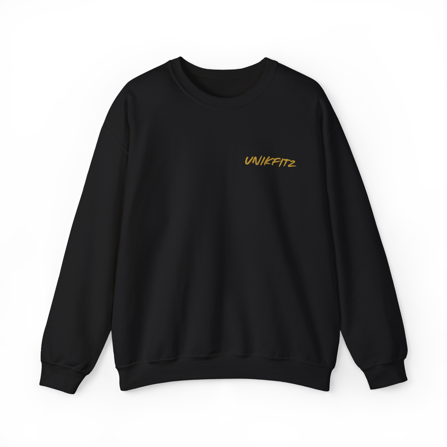 Front view of the Rise and Soar Men's Sweatshirt in black by UNIKFITZ, featuring a clean, structured fit with a bold gold UNIKFITZ logo on the chest. A premium men's wear streetwear essential, designed for gym sessions, casual outings, and layering.