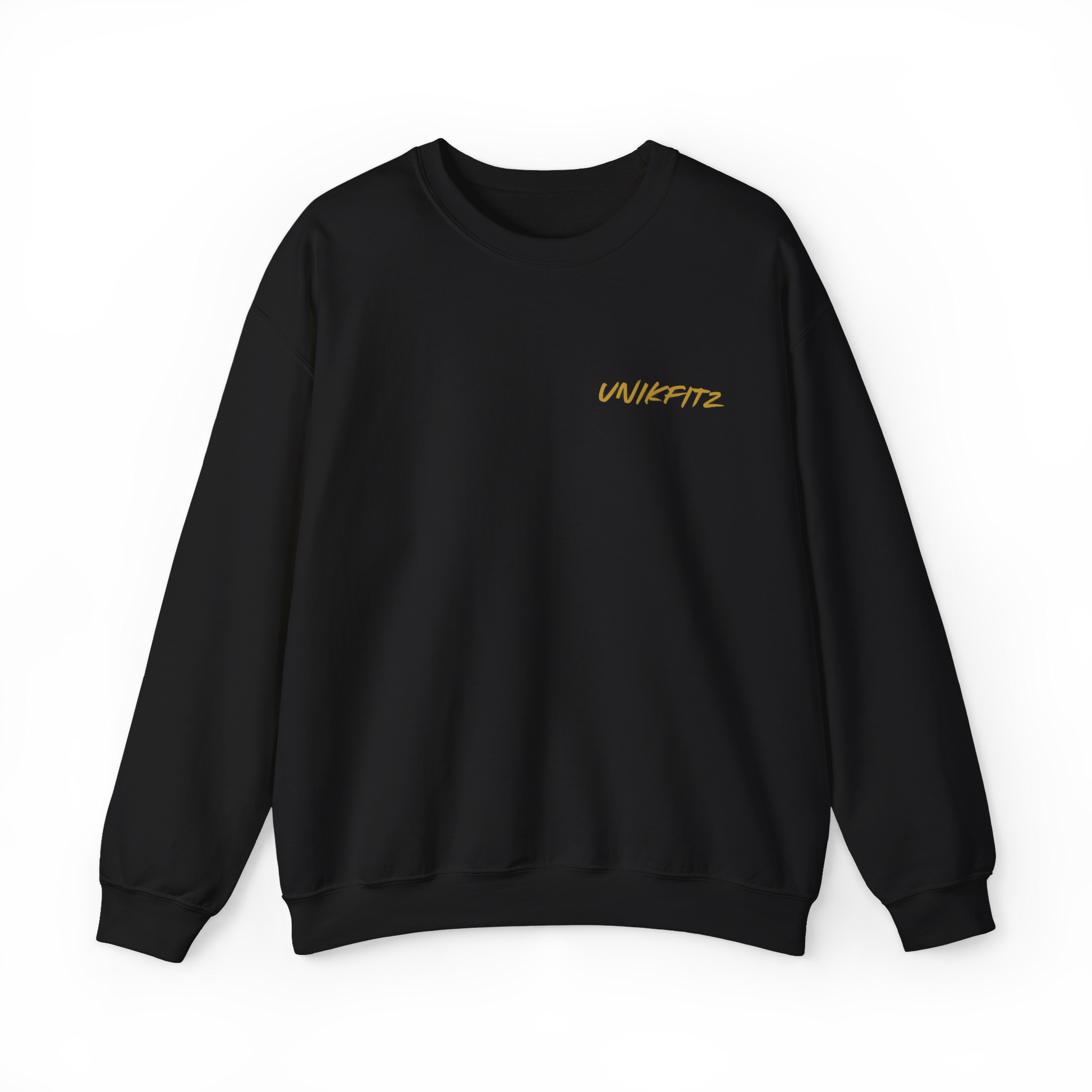 Front view of the Rise and Soar Men's Sweatshirt in black by UNIKFITZ, featuring a clean, structured fit with a bold gold UNIKFITZ logo on the chest. A premium men's wear streetwear essential, designed for gym sessions, casual outings, and layering.