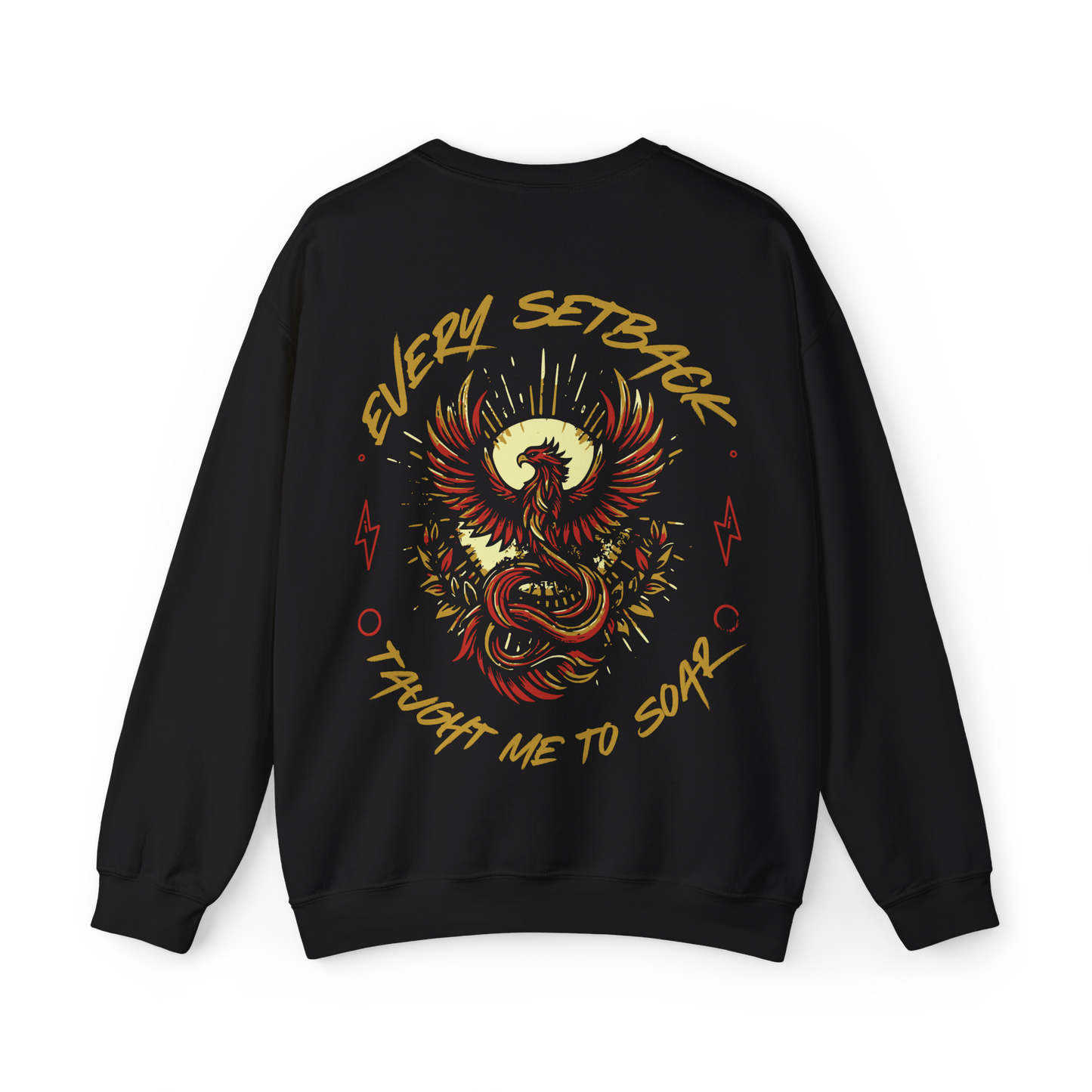 Back view of the Rise and Soar Women's Sweatshirt in black, featuring a striking phoenix graphic in gold and red, with the phrase 'Every Setback Taught Me to Soar.' A bold statement piece in Australian streetwear, perfect for gym wear, women's clothing, and urban fashion.