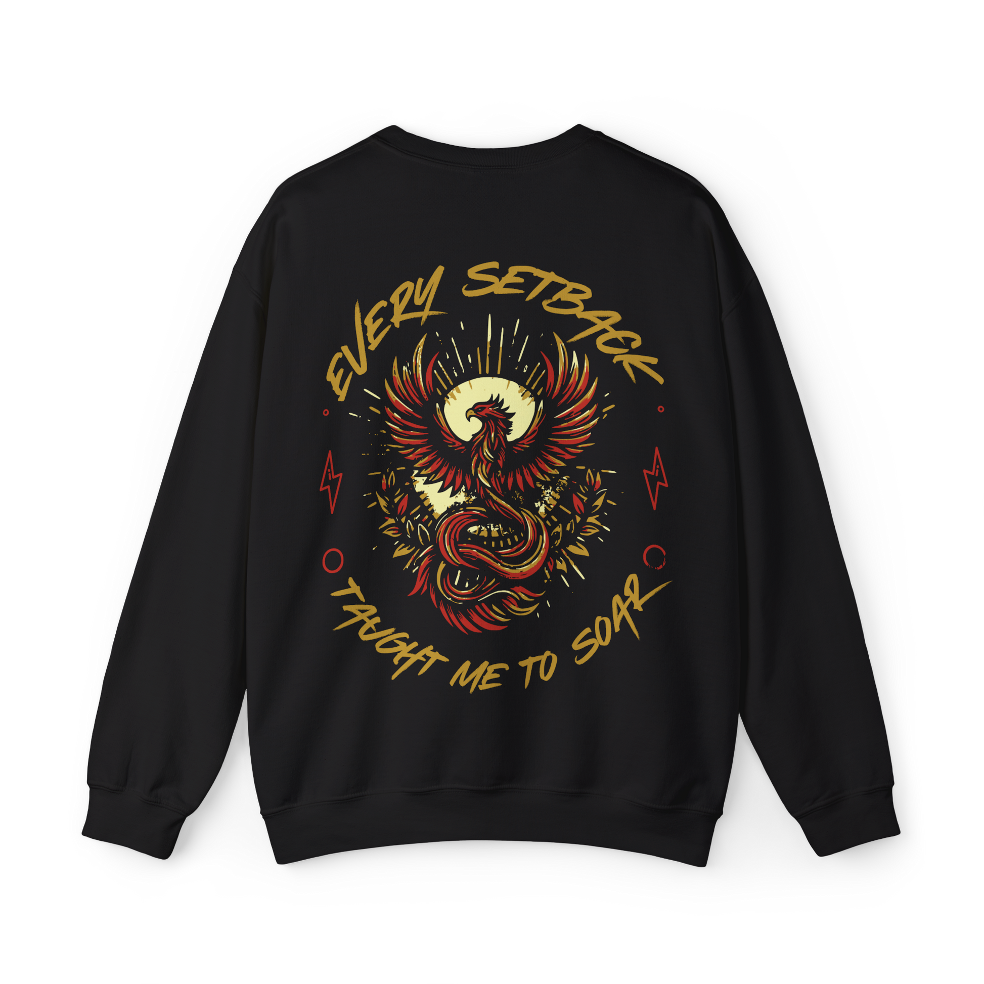 Back view of the Rise and Soar Women's Sweatshirt in black, featuring a striking phoenix graphic in gold and red, with the phrase 'Every Setback Taught Me to Soar.' A bold statement piece in Australian streetwear, perfect for gym wear, women's clothing, and urban fashion.