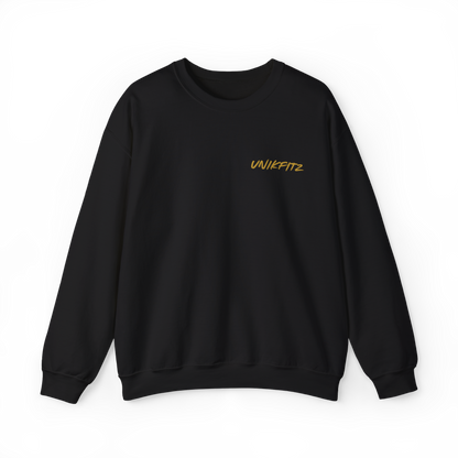 Front view of the Rise and Soar Women's Sweatshirt in black by UNIKFITZ, featuring a clean, structured fit with a bold gold UNIKFITZ logo on the chest. A premium women's wear streetwear essential, designed for gym sessions, casual outings, and layering.