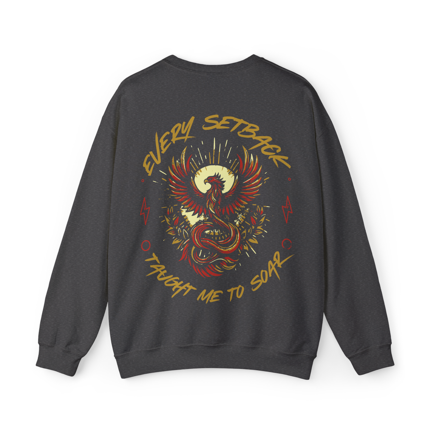 Back view of the Rise and Soar Women's Sweatshirt in charcoal grey, featuring a striking phoenix graphic in gold and red, with the phrase 'Every Setback Taught Me to Soar.' A bold statement piece in Australian streetwear, perfect for gym wear, women's clothing, and urban fashion.