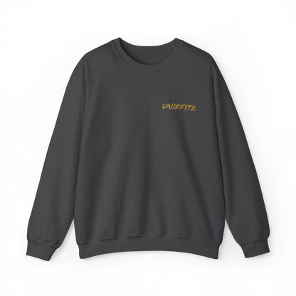 Front view of the Rise and Soar Women's Sweatshirt in charcoal grey by UNIKFITZ, featuring a clean, structured fit with a bold gold UNIKFITZ logo on the chest. A premium women's wear streetwear essential, designed for gym sessions, casual outings, and layering.