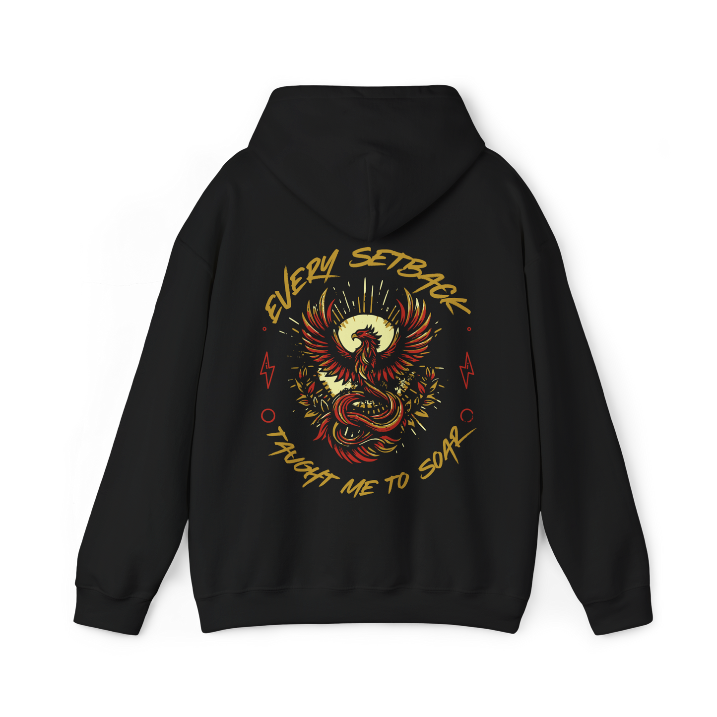 Back view of the Rise and Soar women's black Hoodie, featuring a striking phoenix-inspired print with the phrase 'Every Setback Taught Me to Soar' in bold typography. A powerful statement piece in Australian streetwear and women's clothing gym fashion, combining motivation and urban style.