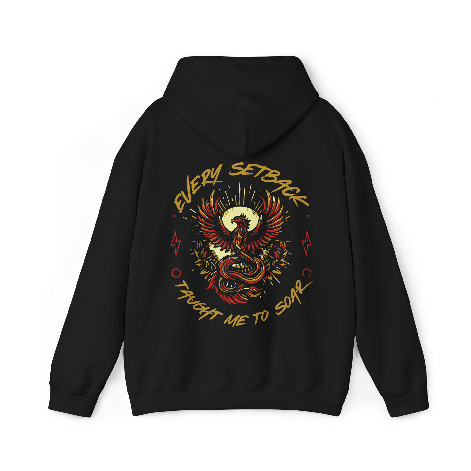 Back view of the Rise and Soar women's black Hoodie, featuring a striking phoenix-inspired print with the phrase 'Every Setback Taught Me to Soar' in bold typography. A powerful statement piece in Australian streetwear and women's clothing gym fashion, combining motivation and urban style.