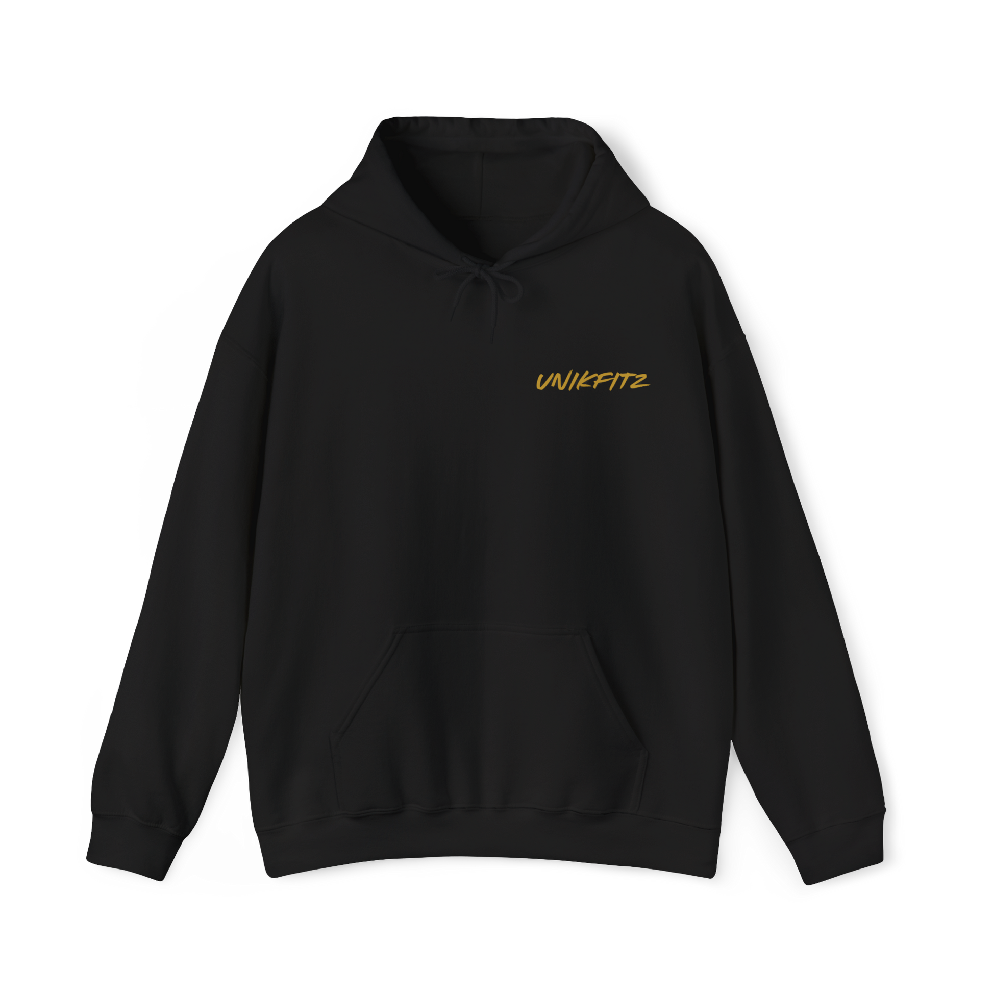 Front view of a sleek black women's hoodie with minimalist gold 'Unikfitz' branding, an essential hoodie for gym wear and streetwear enthusiasts.