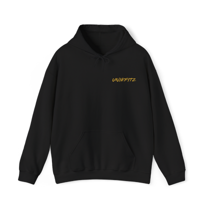 Front view of a sleek black women's hoodie with minimalist gold 'Unikfitz' branding, an essential hoodie for gym wear and streetwear enthusiasts.
