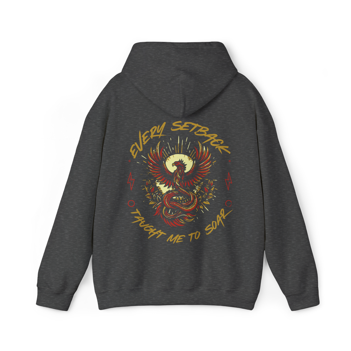 Back view of the Rise and Soar women's charcoal grey Hoodie, featuring a striking phoenix-inspired print with the phrase 'Every Setback Taught Me to Soar' in bold typography. A powerful statement piece in Australian streetwear and women's clothing gym fashion, combining motivation and urban style.