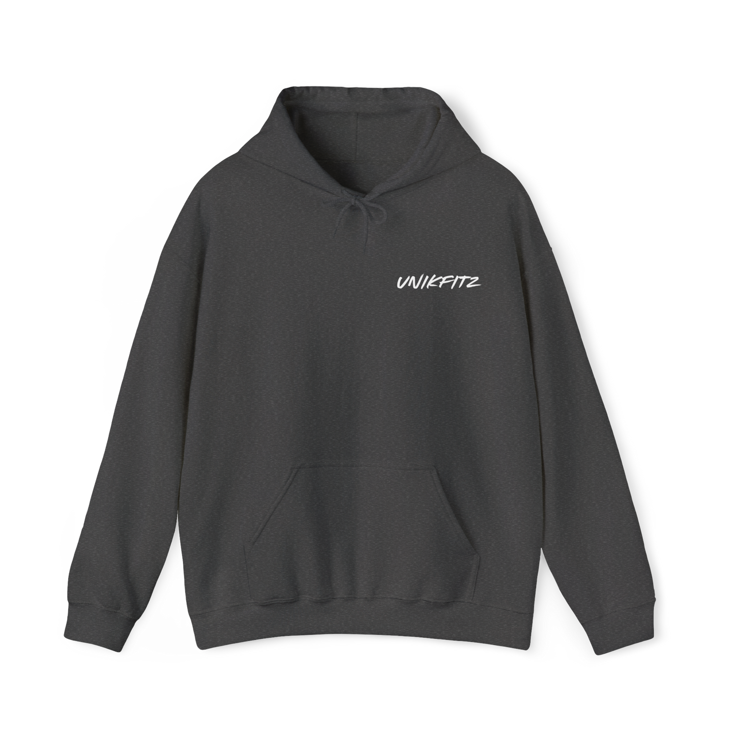 Scarred Heart Women's Hoodie in charcoal grey, featuring minimalist UNIKFITZ branding on the chest. A street wear essential for those who appreciate quality, style, and the fusion of men's clothing gym aesthetics with modern fashion.