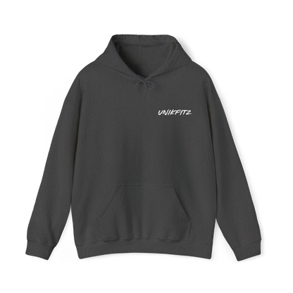 Scarred Heart Women's Hoodie in charcoal grey, featuring minimalist UNIKFITZ branding on the chest. A street wear essential for those who appreciate quality, style, and the fusion of men's clothing gym aesthetics with modern fashion.