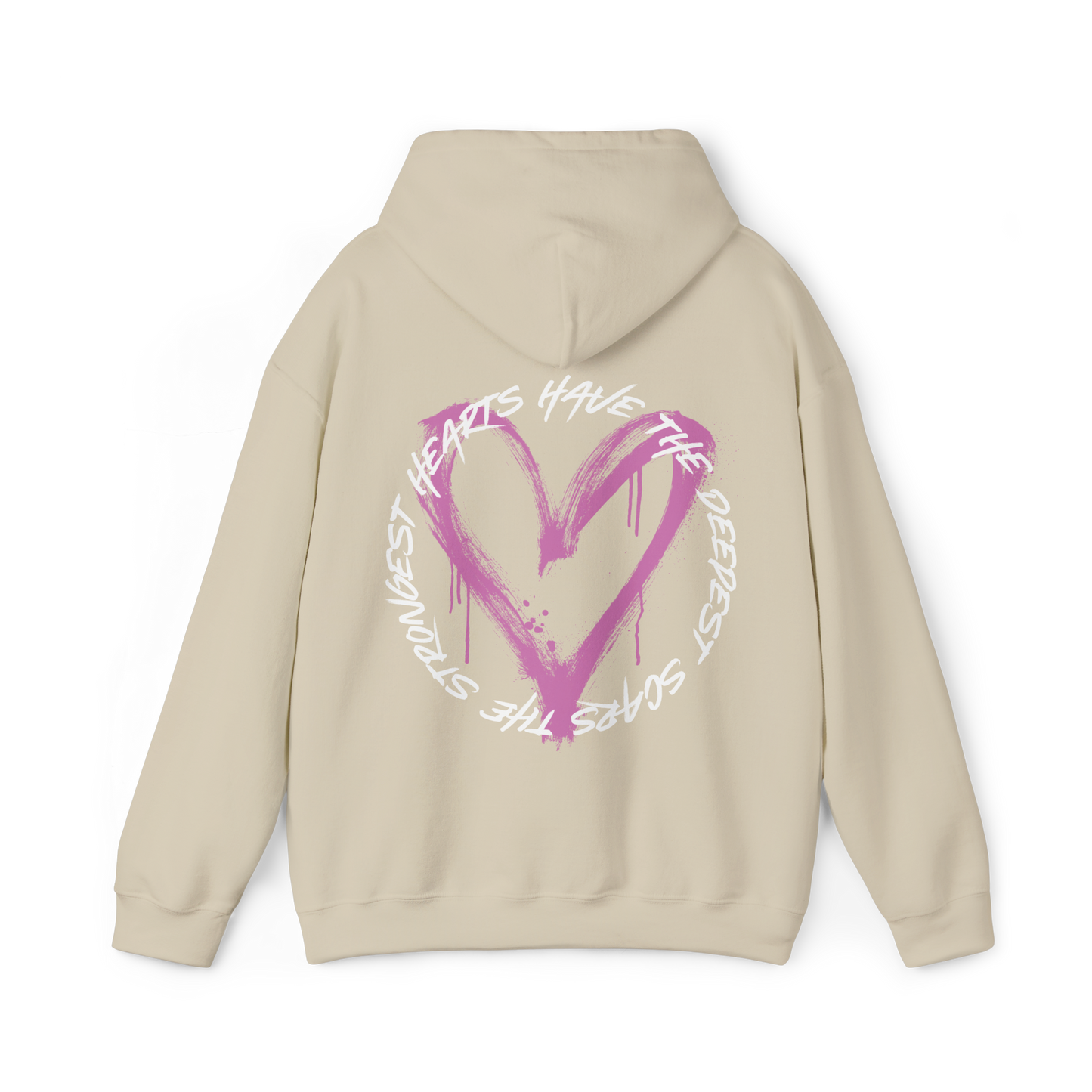 Back view of the Scarred Heart Women's beige Hoodie with an eye-catching pink heart graphic and motivational quote. This Australian streetwear piece embodies strength and resilience, making it an essential t-shirt alternative for urban fashion lovers.