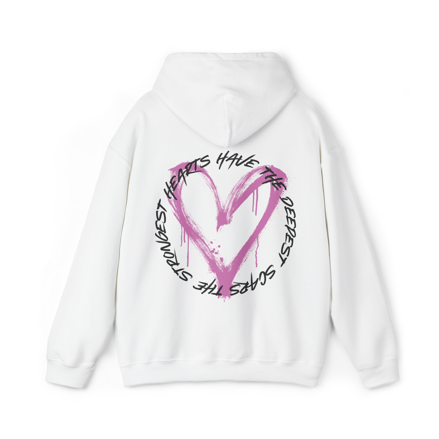 Back view of the Scarred Heart Women's white Hoodie with an eye-catching pink heart graphic and motivational quote. This Australian streetwear piece embodies strength and resilience, making it an essential t-shirt alternative for urban fashion lovers.