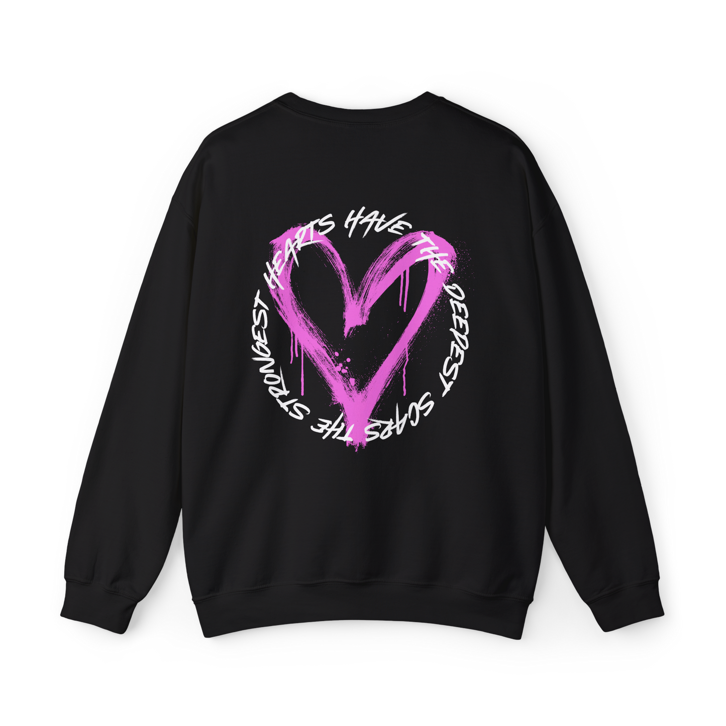 Back design of the Scarred Heart Women's black Sweatshirt by UNIKFITZ, featuring a statement graffiti-style pink heart graphic with bold typography. This street wear staple is perfect for those who embrace self-expression, offering a modern twist on men's t-shirt essential fashion with a bold and artistic touch.