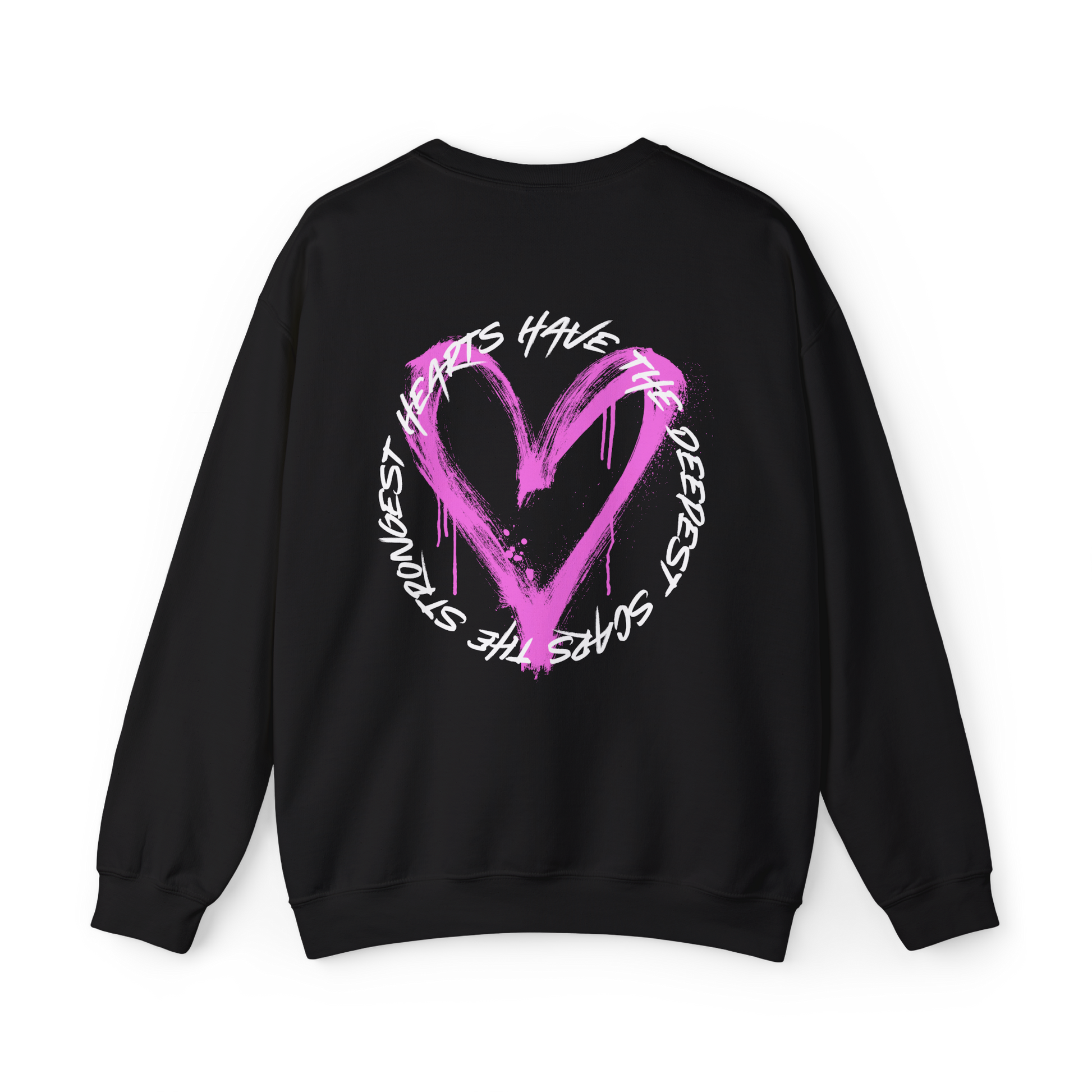 Back design of the Scarred Heart Women's black Sweatshirt by UNIKFITZ, featuring a statement graffiti-style pink heart graphic with bold typography. This street wear staple is perfect for those who embrace self-expression, offering a modern twist on men's t-shirt essential fashion with a bold and artistic touch.