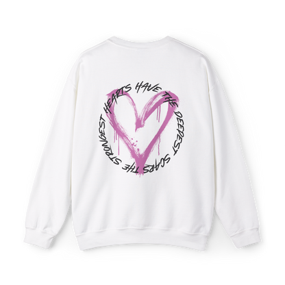 Back design of the Scarred Heart Women's white Sweatshirt by UNIKFITZ, featuring a statement graffiti-style pink heart graphic with bold typography. This street wear staple is perfect for those who embrace self-expression, offering a modern twist on men's t-shirt essential fashion with a bold and artistic touch.