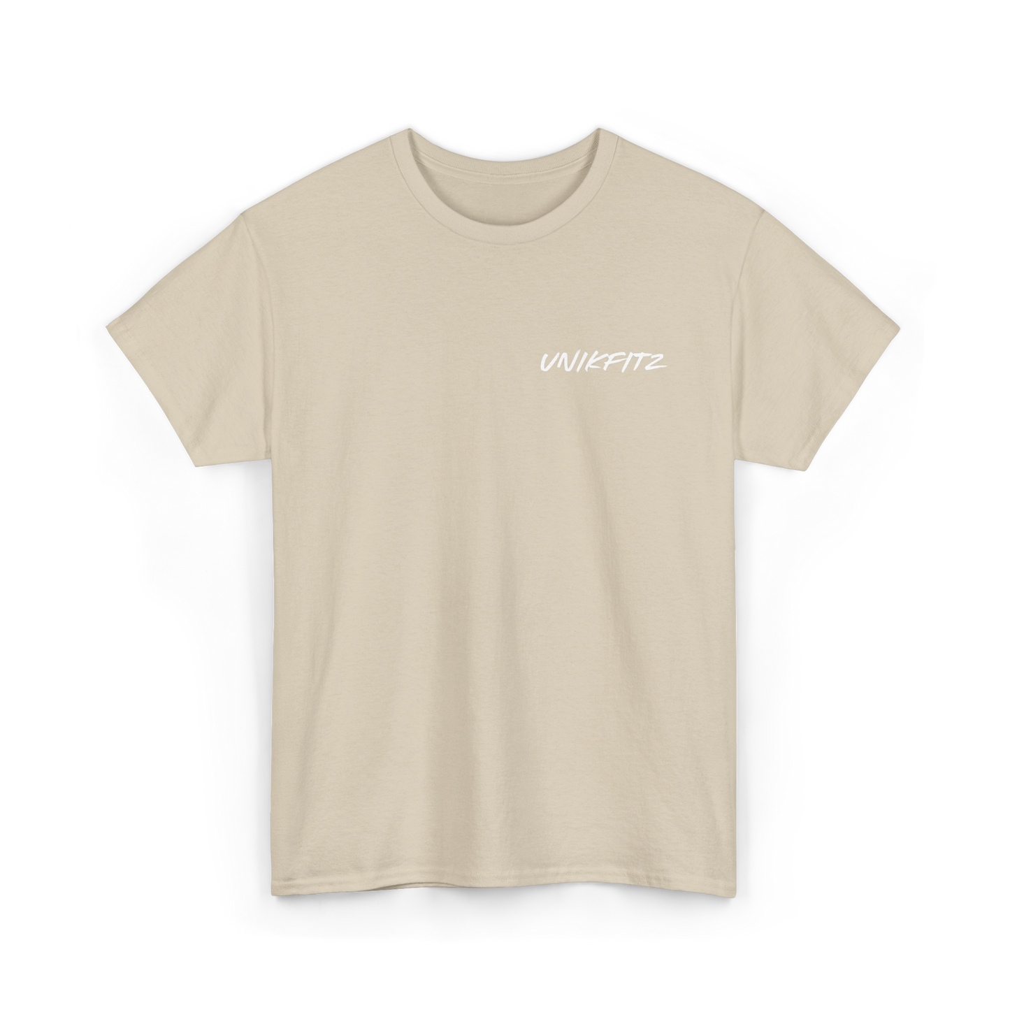 Front view of a beige women's t-shirt showcasing the sleek 'UNIKFITZ' logo on the left chest. This essential t-shirt for women blends comfort with streetwear style, suitable for women's wear.