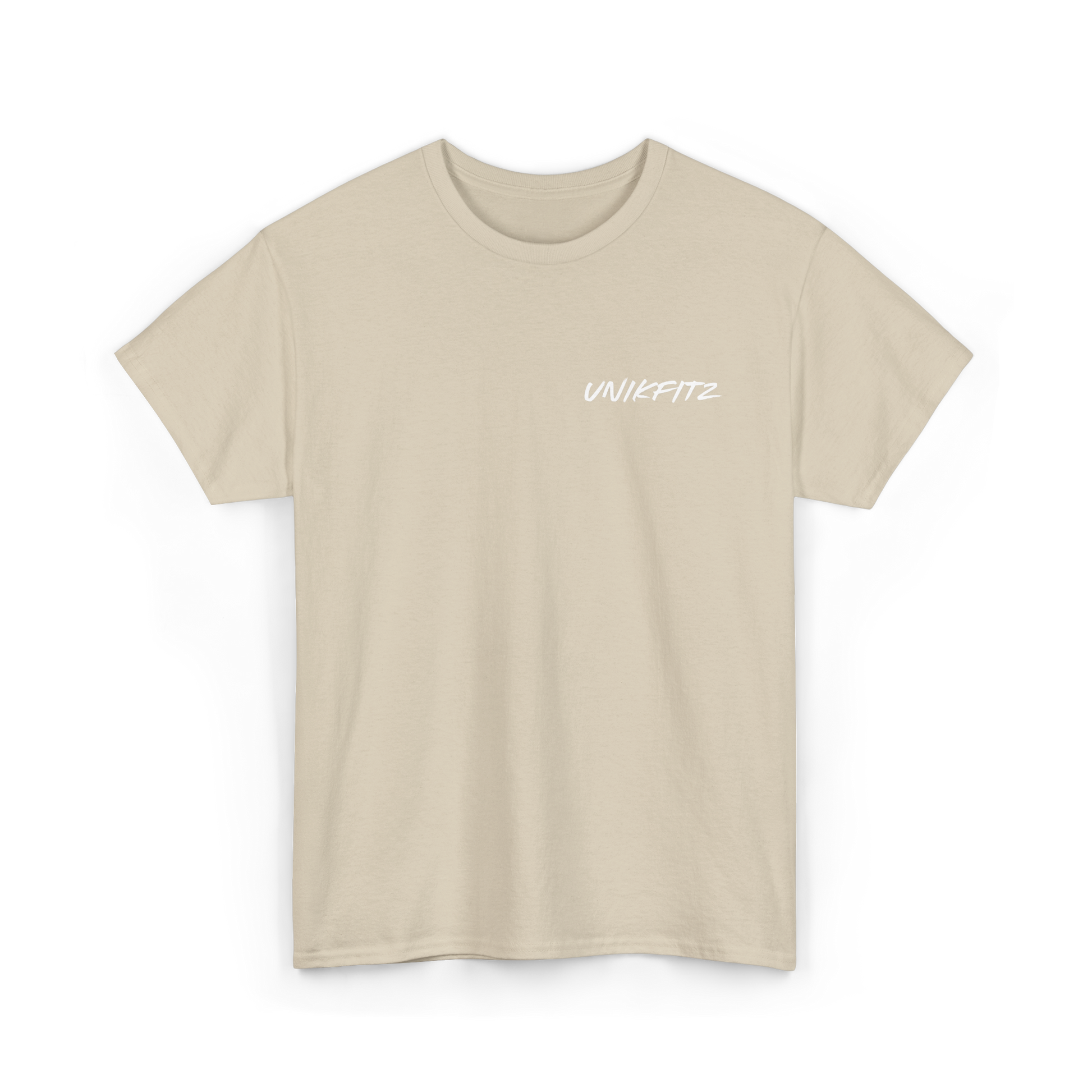 Front view of a beige women's t-shirt showcasing the sleek 'UNIKFITZ' logo on the left chest. This essential t-shirt for women blends comfort with streetwear style, suitable for women's wear.