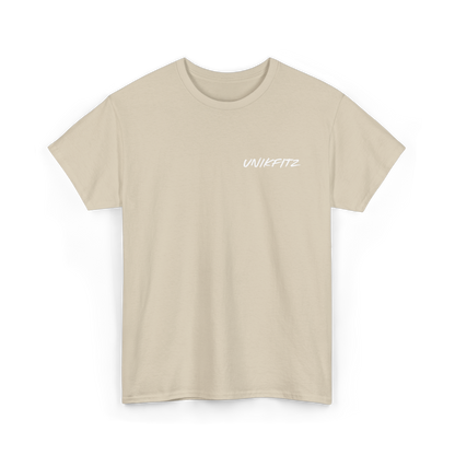 Front view of a beige women's t-shirt showcasing the sleek 'UNIKFITZ' logo on the left chest. This essential t-shirt for women blends comfort with streetwear style, suitable for women's wear.