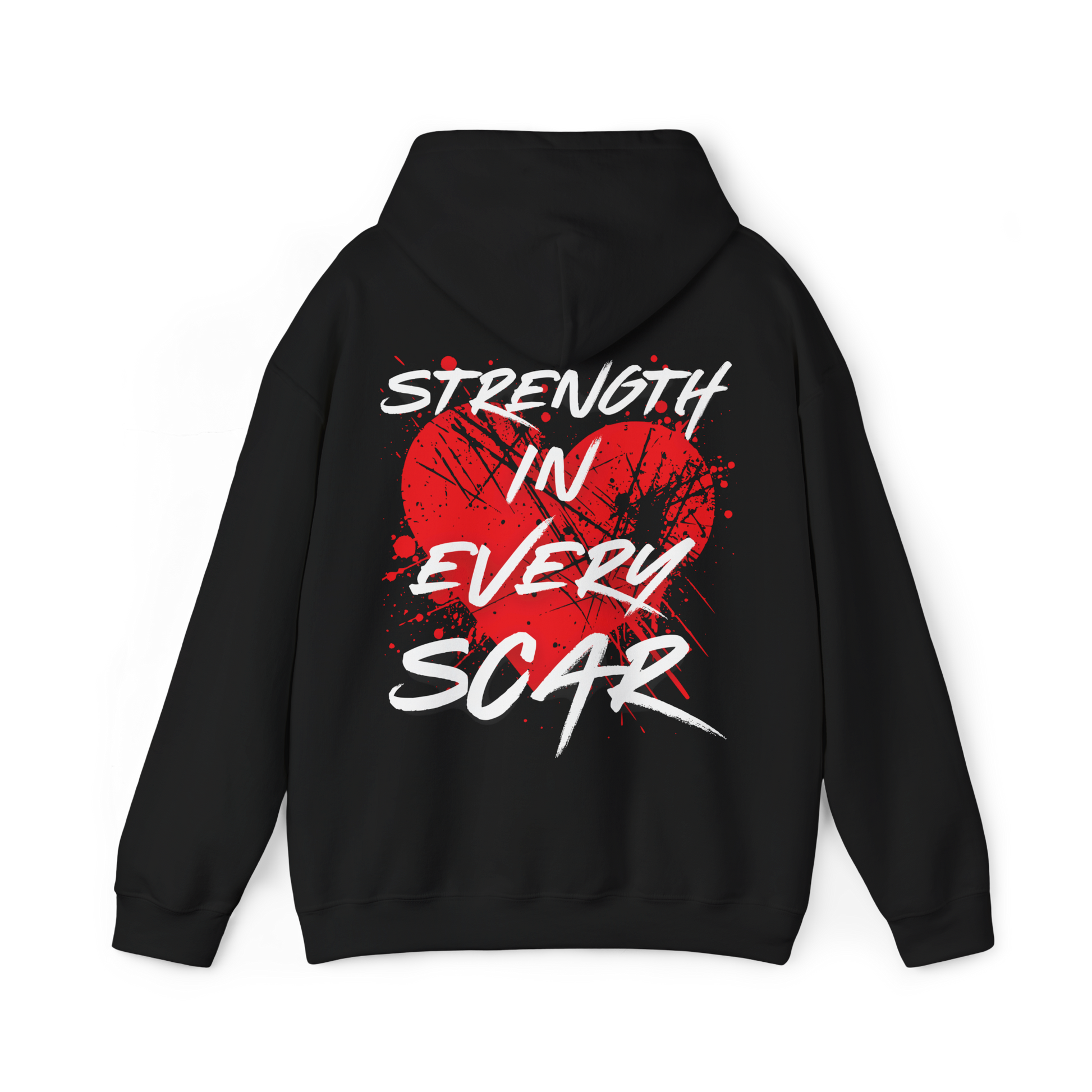 Back of the Scarred women's black Hoodie – striking 'Strength in Every Scar' typography with a bold red heart and distressed graphic print, embodying resilience and Australian streetwear culture