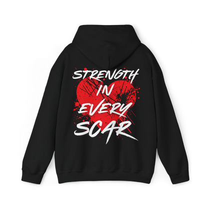 Back of the Scarred women's black Hoodie – striking 'Strength in Every Scar' typography with a bold red heart and distressed graphic print, embodying resilience and Australian streetwear culture