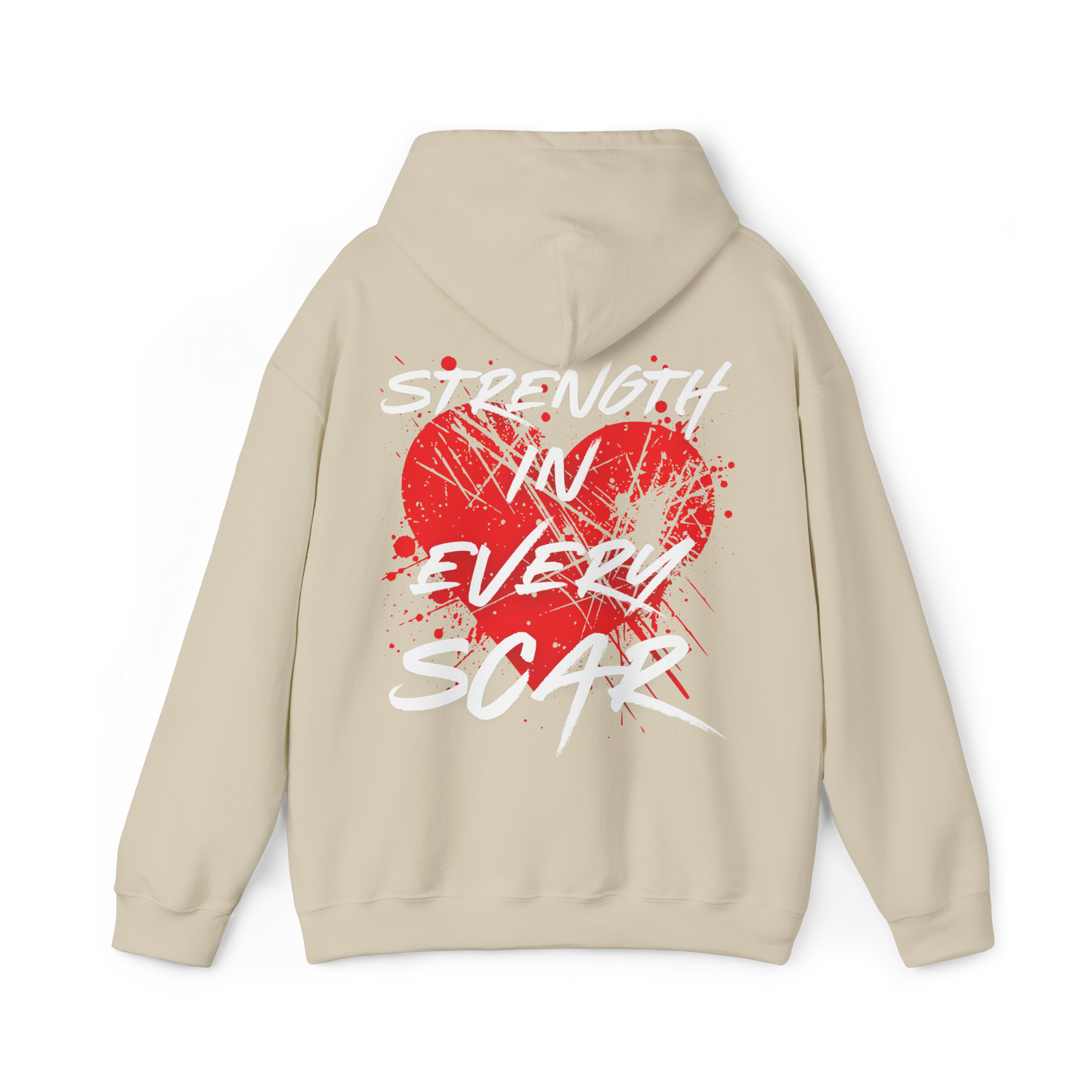 Back of the Scarred women's beige Hoodie – striking 'Strength in Every Scar' typography with a bold red heart and distressed graphic print, embodying resilience and Australian streetwear culture