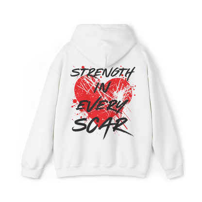 Back of the Scarred women's white Hoodie – striking 'Strength in Every Scar' typography with a bold red heart and distressed graphic print, embodying resilience and Australian streetwear culture.