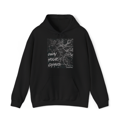 Silent Chaos Men's Hoodie by UNIKFITZ displayed front-facing, featuring a striking black-and-white shattered glass graphic with motivational text. This essential hoodie blends bold streetwear aesthetics with premium comfort, perfect for gym wear, layering, and everyday men's fashion