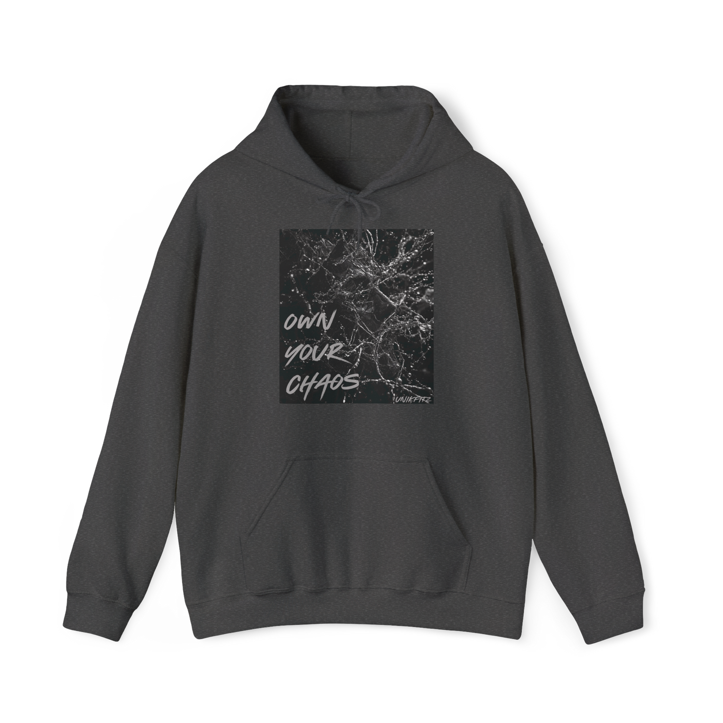 Silent Chaos Men's Hoodie in charcoal grey by UNIKFITZ displayed front-facing, featuring a striking black-and-white shattered glass graphic with motivational text. This essential hoodie blends bold streetwear aesthetics with premium comfort, perfect for gym wear, layering, and everyday men's fashion.