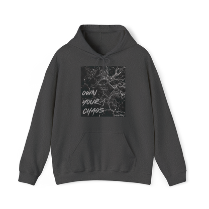 Silent Chaos Men's Hoodie in charcoal grey by UNIKFITZ displayed front-facing, featuring a striking black-and-white shattered glass graphic with motivational text. This essential hoodie blends bold streetwear aesthetics with premium comfort, perfect for gym wear, layering, and everyday men's fashion.