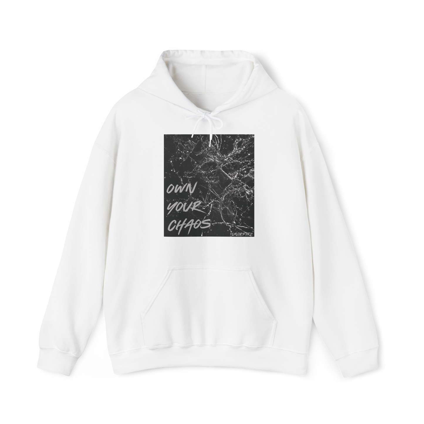 Silent Chaos Men's Hoodie by UNIKFITZ displayed front-facing, featuring a striking black-and-white shattered glass graphic with motivational text. This essential hoodie blends bold streetwear aesthetics with premium comfort, perfect for gym wear, layering, and everyday men's fashion.