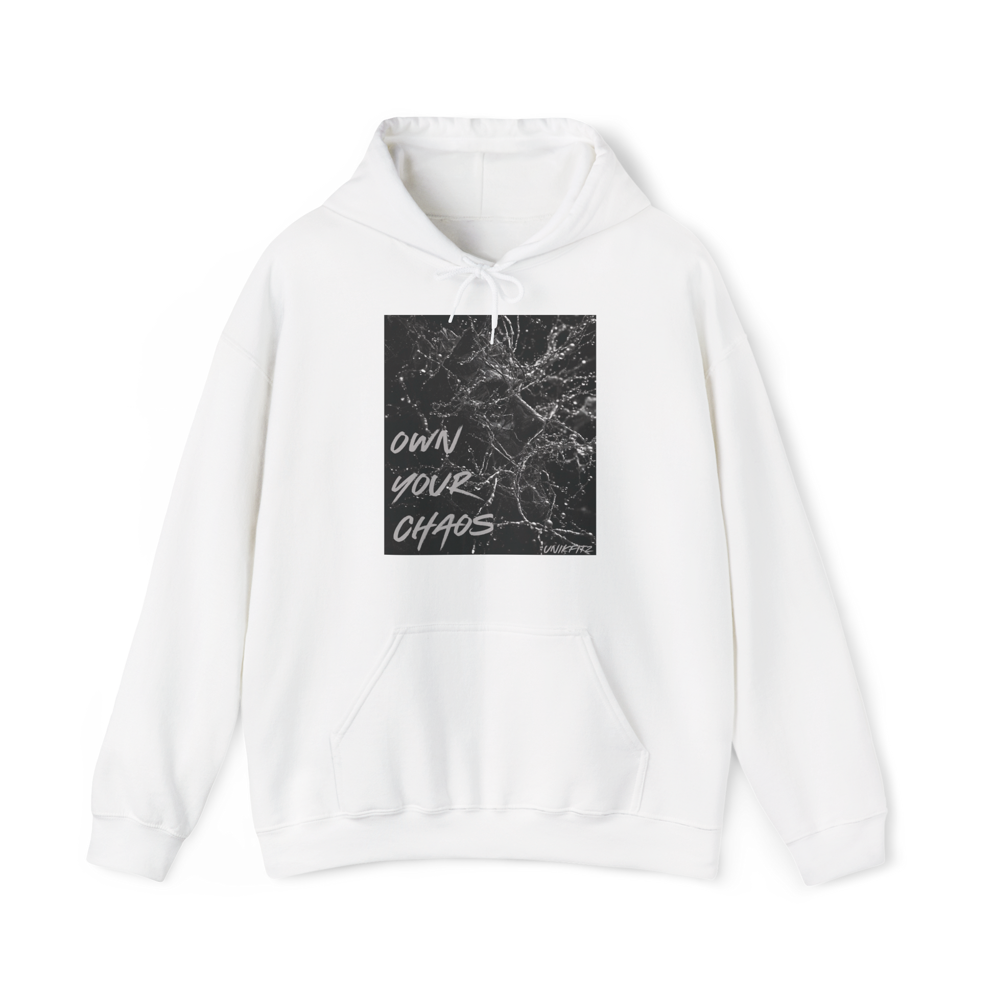 Silent Chaos Men's Hoodie by UNIKFITZ displayed front-facing, featuring a striking black-and-white shattered glass graphic with motivational text. This essential hoodie blends bold streetwear aesthetics with premium comfort, perfect for gym wear, layering, and everyday men's fashion.